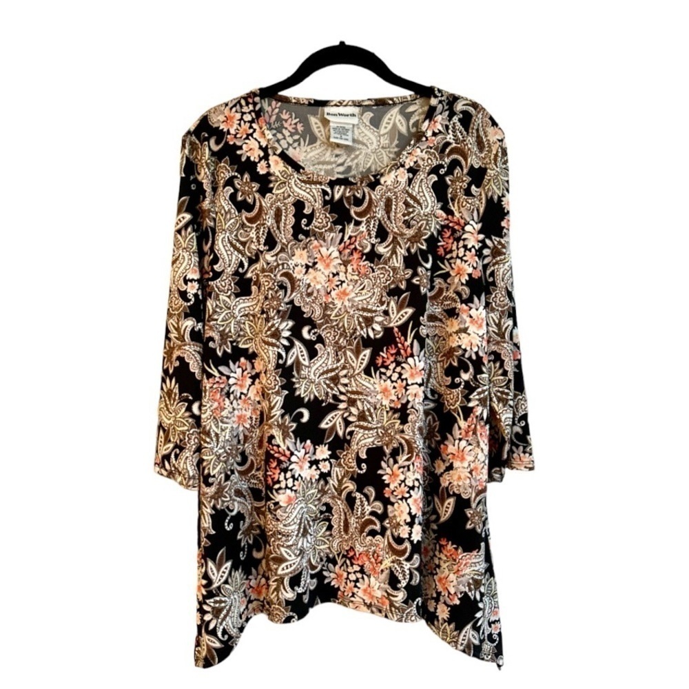 BONWORTH, WOMENS FLORAL/PAISLEY PRINT TOP. ROUND NECK, 3/4 SLEEVE. SIZE S